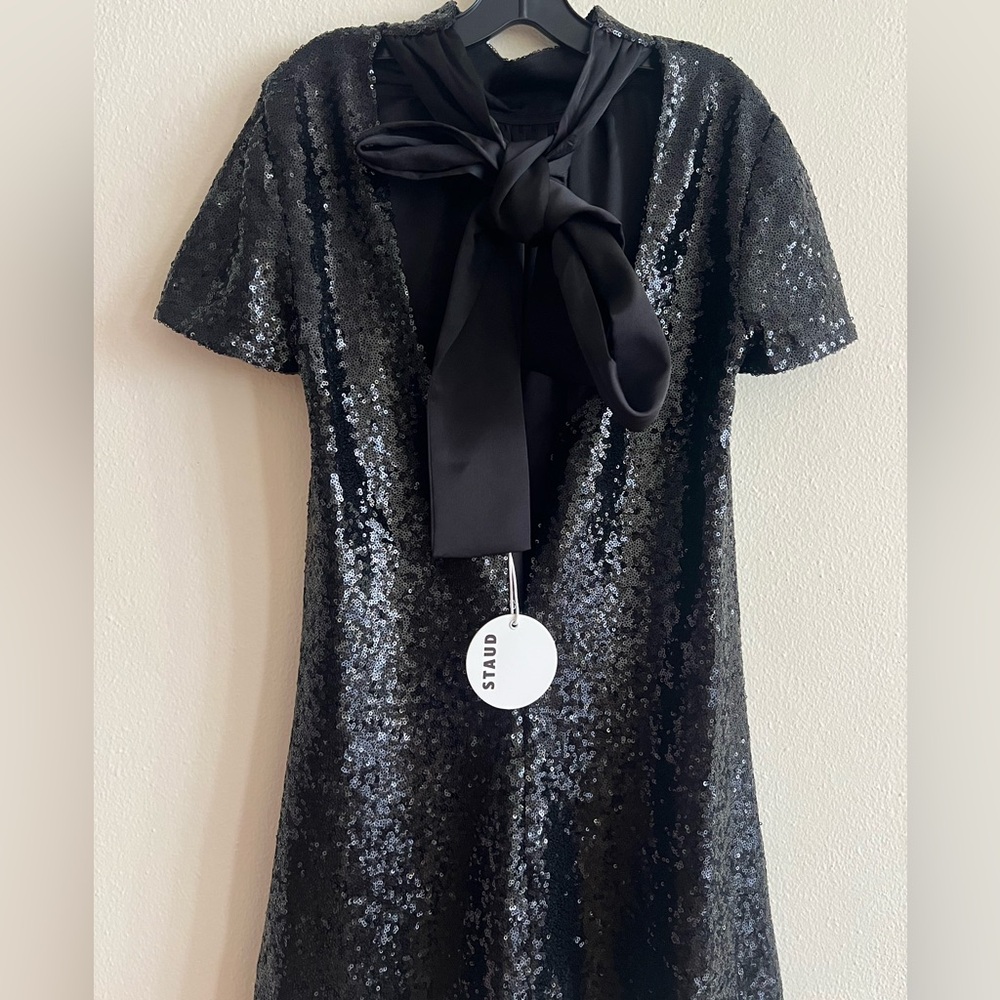 NWT STAUD Black Sequin Mini Ilana Dress Bow Size Small - Picture 8 of 11